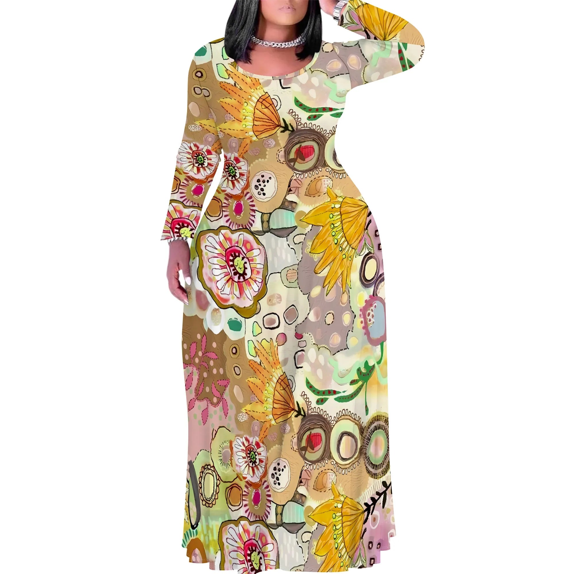 Plus Size Green Floral Print Maxi Dress Long Sleeve Comfortable Everyday Look