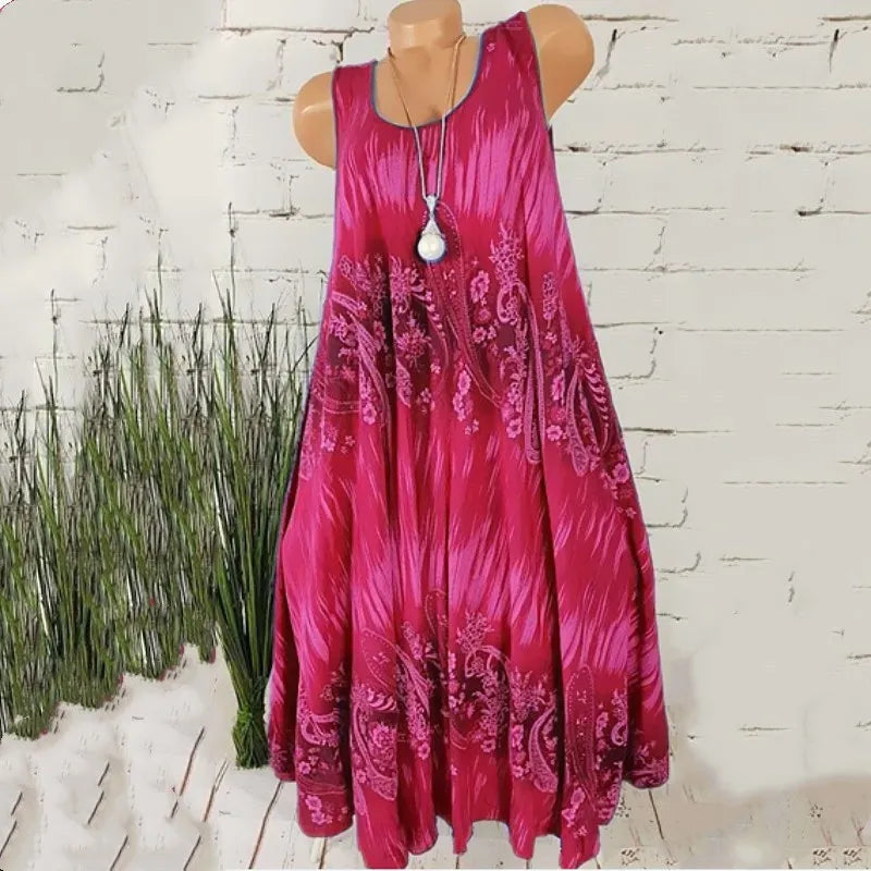 Elegant Floral Printed Lace Stitching O-Neck Sleeveless Women Summer Loose Tank Dress 2024