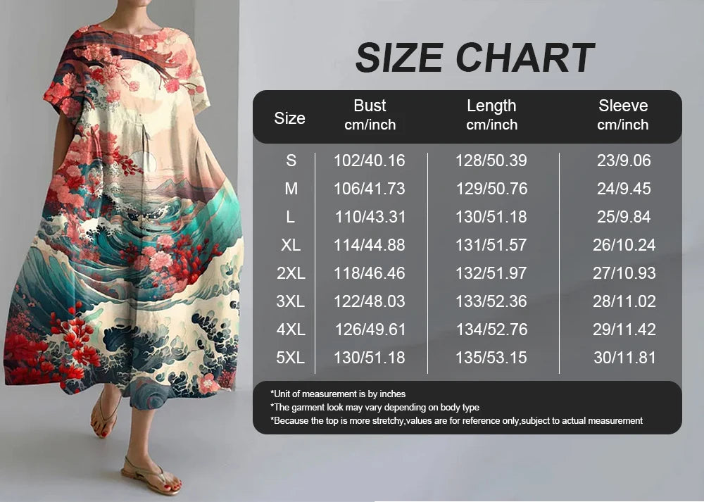 2024 Women's New Round Neck Long Casual Summer Dress Large Size Fresh Print