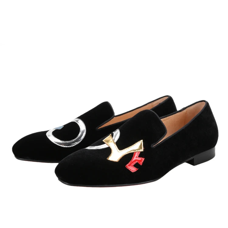 Handmade Black Velvet Shoes Featuring "LOVE", Leather Letters for Fashion Party CL Same Style Men's Loafers