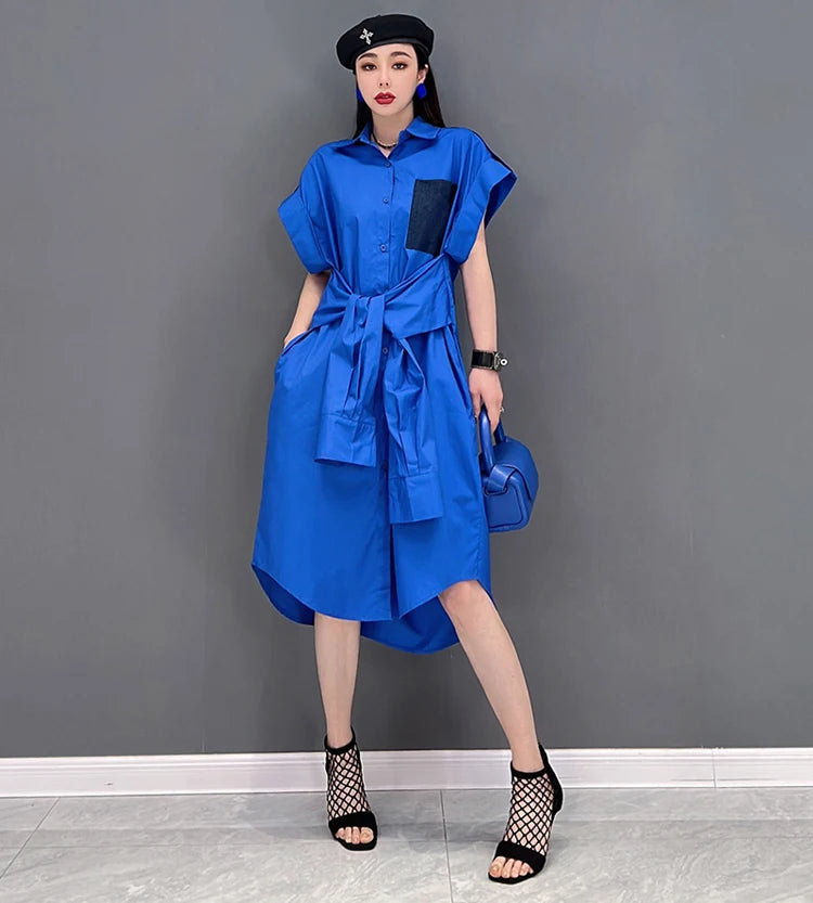 Extra Sleeves Decorated New 2025 Summer Korean Style Woman Purple Shirt Dress Loose Fit Chic Unique Big Size Casual Robe JKXD005