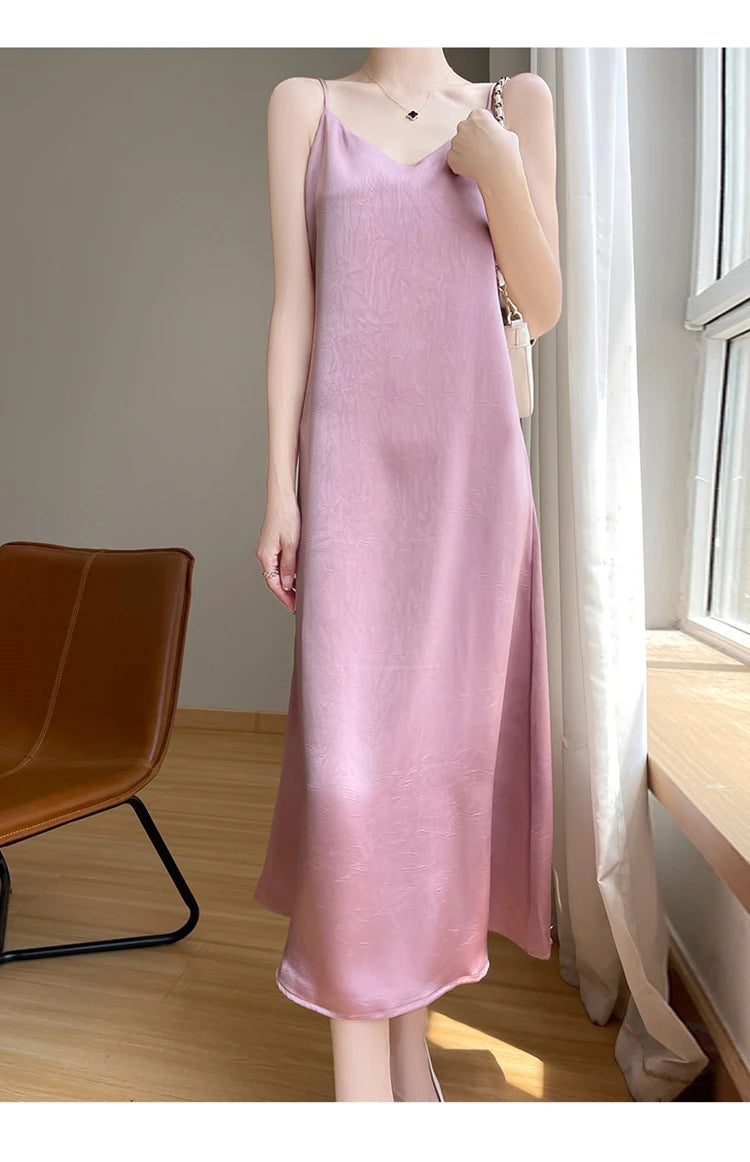 2025 New 100% Anti Wrinkle Mulberry Silk Strap Dress for Women's Summer New Loose Long Skirt