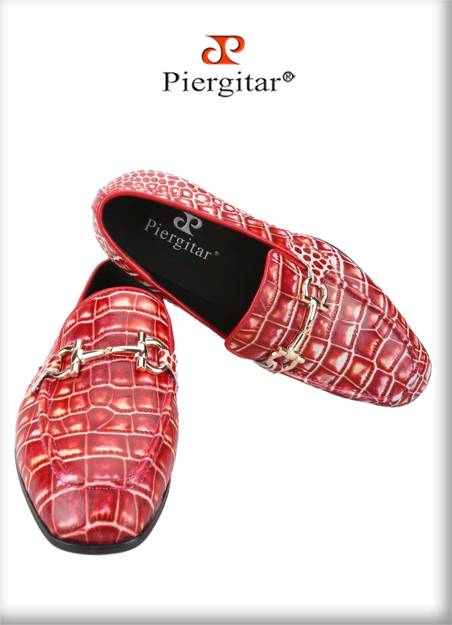 Piergitar Classic Model Gold Horsebits Men's Loafers Red And Light Green Crocodile Pattern Calfskin Handmade Slip-On Slippers