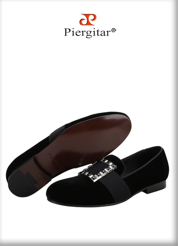 Piergitar Black And Silver Rhinestones Square Buckles Men Velvet Shoes For Wedding Or Party Handmade Slip-On Loafers Plus Size