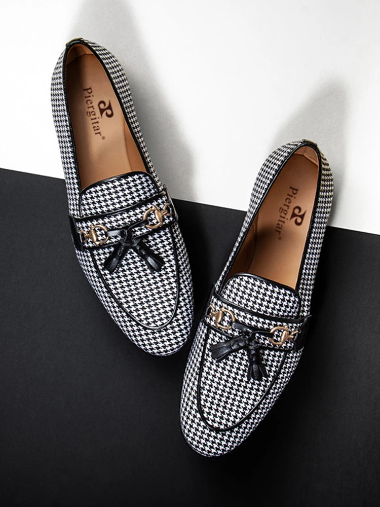 2023 Black And White Houndstooth Wool Slippers with Leather Tassels and Metal Horsebits for Men's Loafers