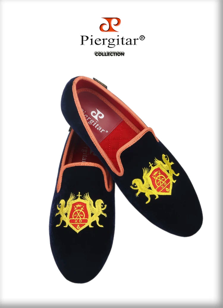 Piergitar British Style Embroidery Navy Velvet Shoes With Gold Outsole Handmade Men Loafers Slip-On Smoking Slippers For Party