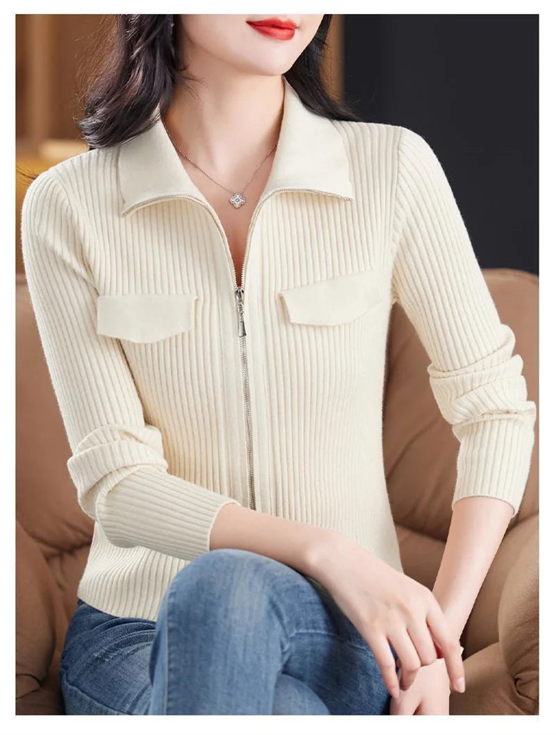 Spring Autumn Women Knitted Sweater Cardigan Short Jacket 2025 New Korean Fashion Zipper Solid Turn-Down Knit Coat Female Tops