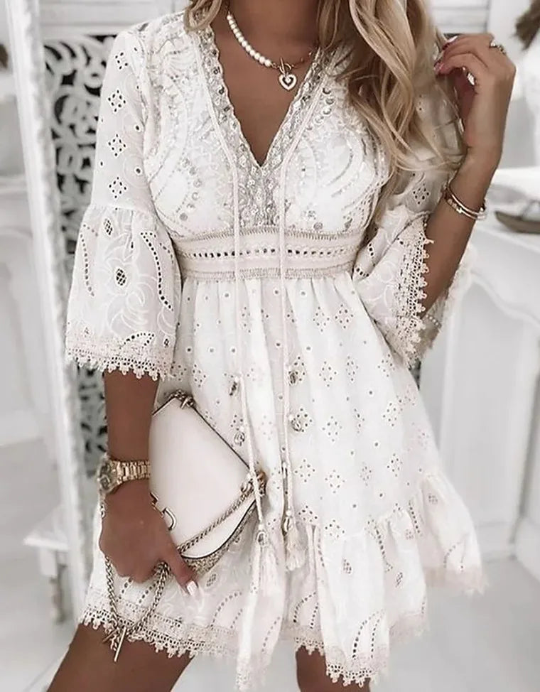 Women's White Hollow Lace up Mini Dress