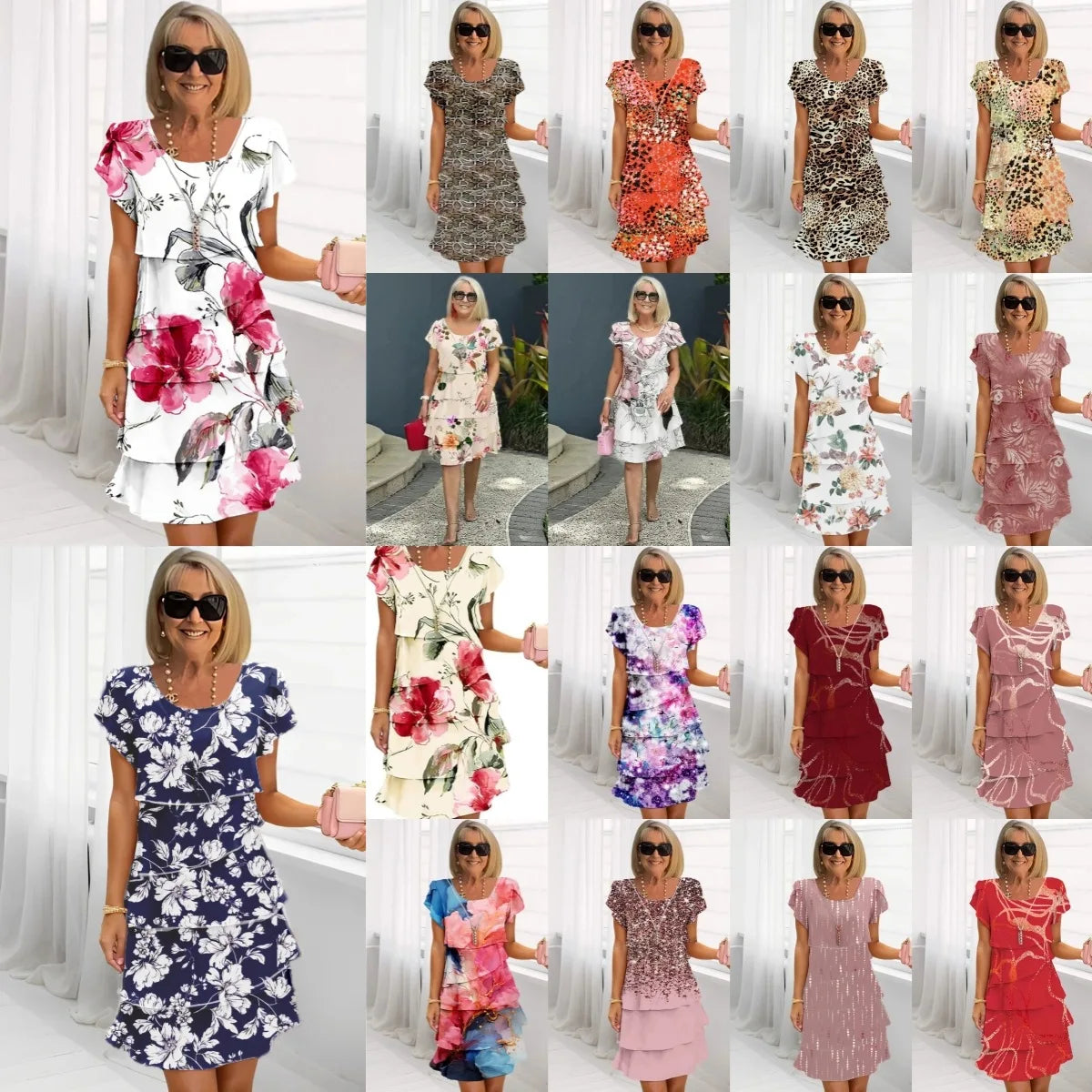 2025 Spring Chic Floral Print Chiffon Dress Woman Elegant Crew Neck Tierred Pleated Dress Summer Short Sleeve A-Line Party Dress