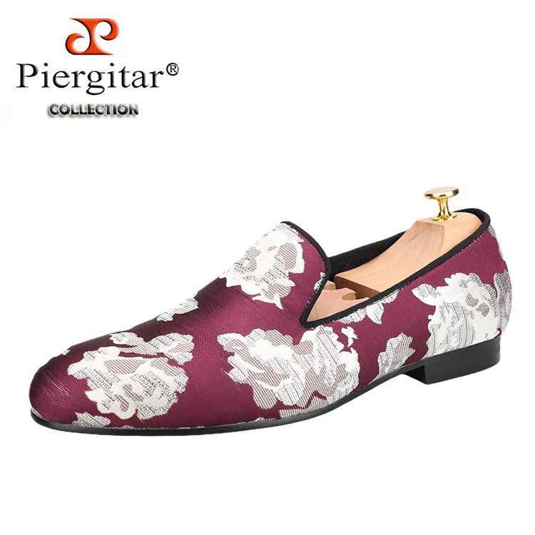Piergitar 2022 New Arrival Purple Jacquard Fabric With White Fowers Handmade Men Loafers Party And Prom Male Flats Plus Size