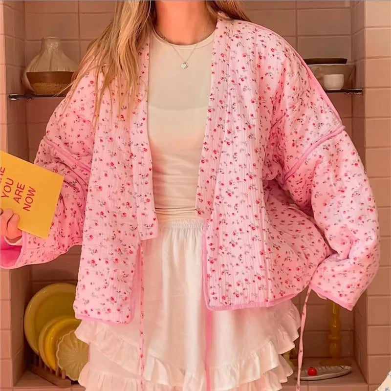 Floral Printed Women's Cardigan Cute Lace up Pink Women Coat Casual Loose Autumn Warm Coats Fashion New Ladies Coats Outerwear