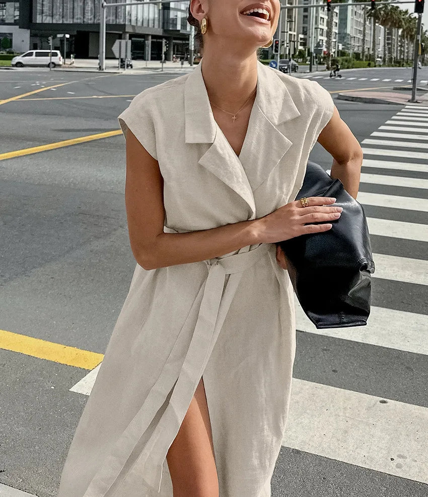 2025 Autumn New Style Commuter Long Skirt For Women Elegant Fashionable Solid Color Lapel Sleeveless High Waist Lace-up Dress