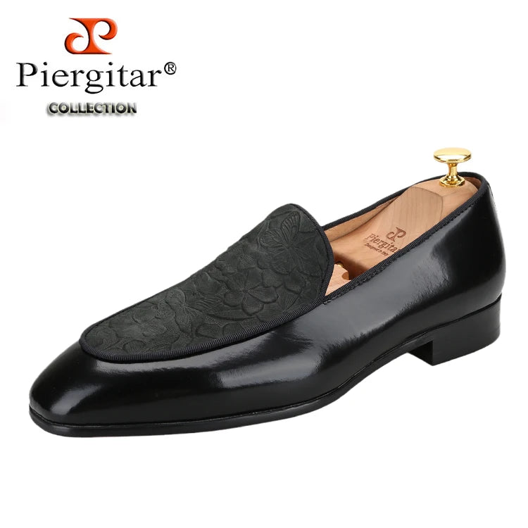 Piergitar Flower Pattern Embossed Leather Patchwork With Black Calfskin Men's Loafers Handmade Slip-On Slippers Red Bottom Flats
