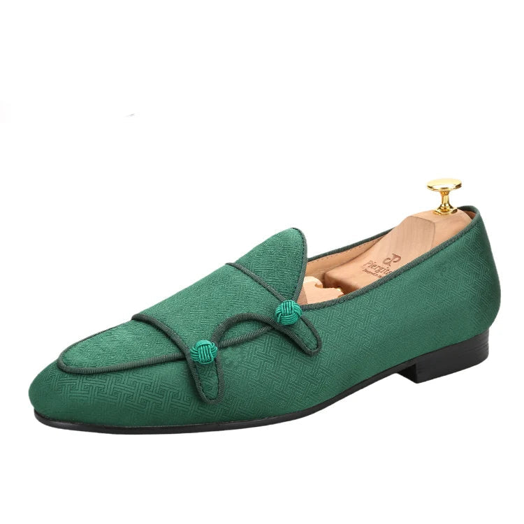 Chinese Imperial Style Silk Men's Monk Shoes Handmade Balls Buttons Slip-On Smoking Shoes