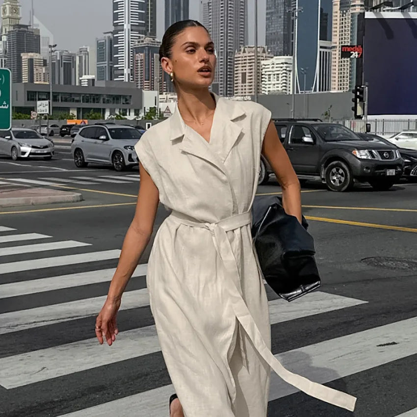 2025 Autumn New Style Commuter Long Skirt For Women Elegant Fashionable Solid Color Lapel Sleeveless High Waist Lace-up Dress