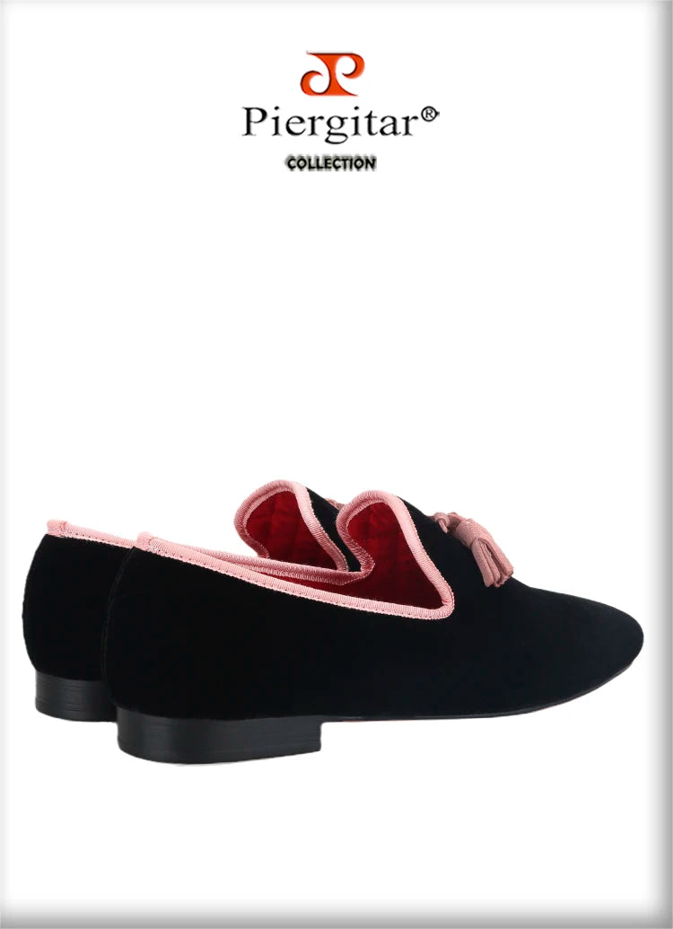 Piergitar 2023 Classic Black Velvet Slip-On Slippers Shoes Handmade Pink Suede Men's Loafers For Party And Wedding Plus Size