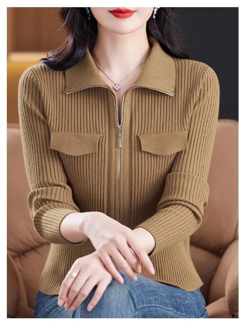 Spring Autumn Women Knitted Sweater Cardigan Short Jacket 2025 New Korean Fashion Zipper Solid Turn-Down Knit Coat Female Tops