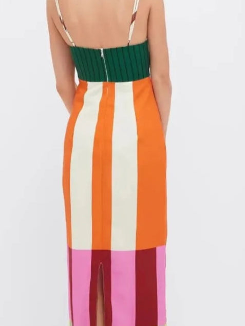 Women's Long Striped Colorful Spaghetti Strap Maxi Dress