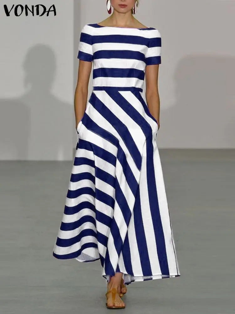 Stripe Maxi Dress VONDA Women Sexy Off Shoulder Printed Sundress 2024 Elegant Casual Loose Short Sleeve Robe Bohemian Vestidos