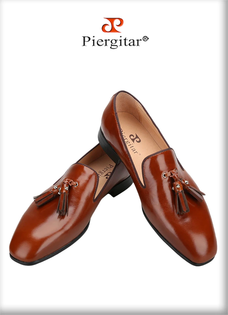 Piergitar Patinated Calf Leather Iconic Dandelion Loafers With Tassels Featuring Metal Spikes CL Brand Same Model Men Moccasins