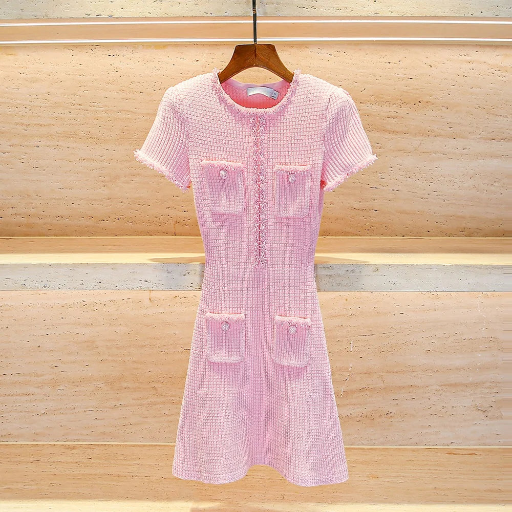 traf 2025 woman tight dress knitted tassel stretch corset elegant women's dress y2k clothes New fashion pink hip skirt