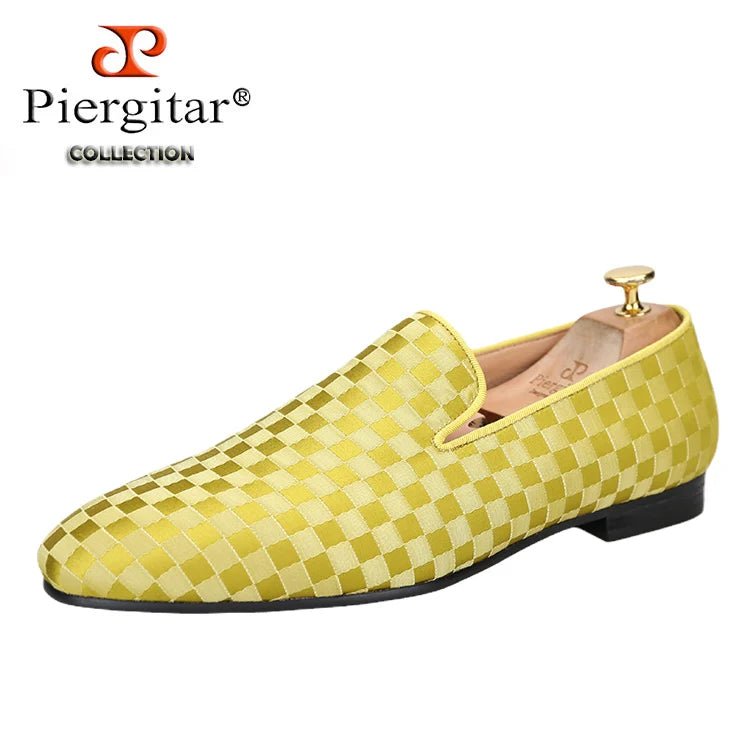 Piergitar 2022 Four Colors Checkerboard Print Silk Handmade Men's Loafers Classic British Style Man Smoking Slippers For Party