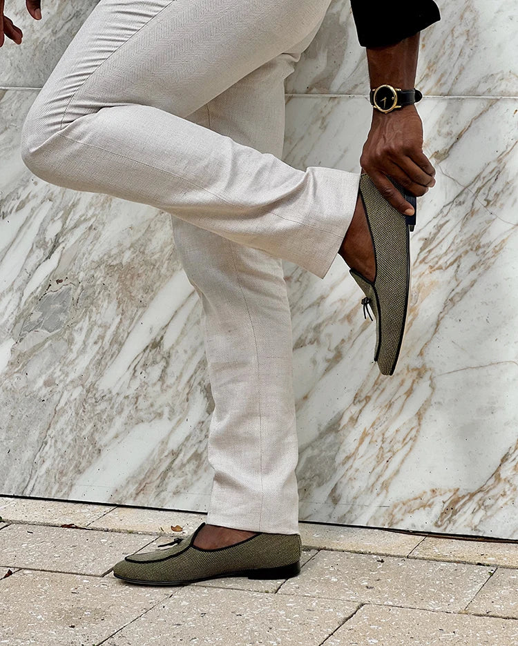 Three Colors Raw Canvas Belgian loafers with Calfskin Bows, Handmade Slip On Classic Mens Smoking Slippers