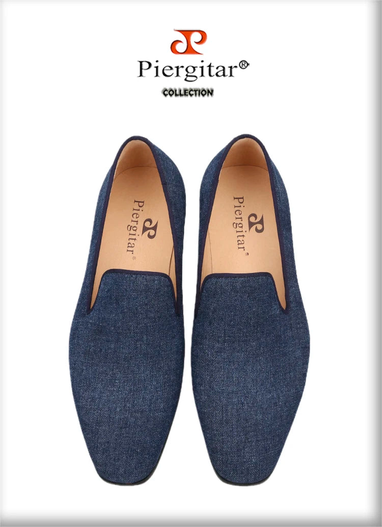 Piergitar 2022 New Summer Style Navy Denim Men's Loafers Red Outsole Man Smoking Slippers Breathable Leather Insole Plus Size