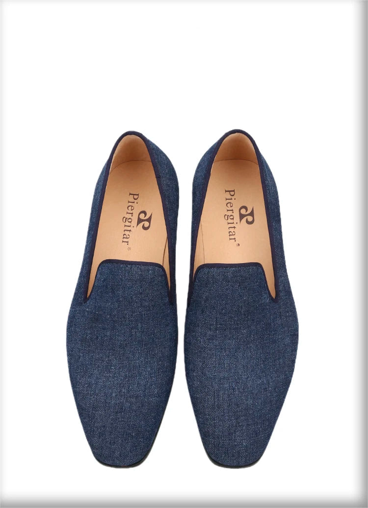 New Summer Style Navy Denim Mens Loafers with Red Outsole and Breathable Leather Insole plus Size