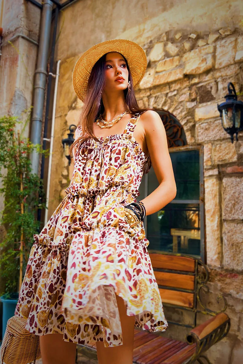 Summer Print Spaghetti Strap Dress Women's Dress Backless Long Camisole Dress Knee-Length Skirt Y2K 2025 New DABUWAWA DM2BDR002