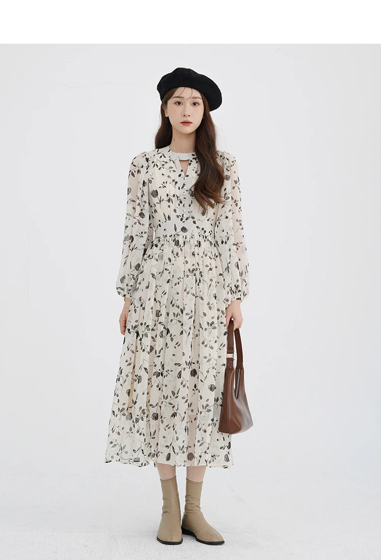 Floral Midi Dress Women Sweet A-Line Long Sleeve Hollow Out Dress Elegant High Waist Casual Long Dress Daily or Vacation Outfits