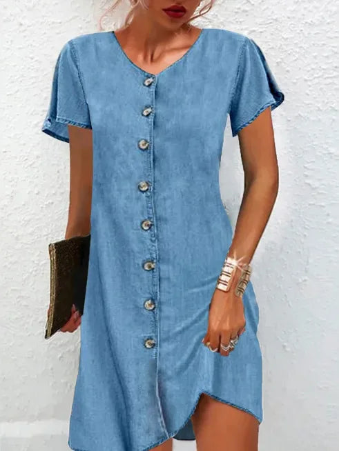 New women's casual fashion cover simple fresh square collar button short sleeve high waist denim dress
