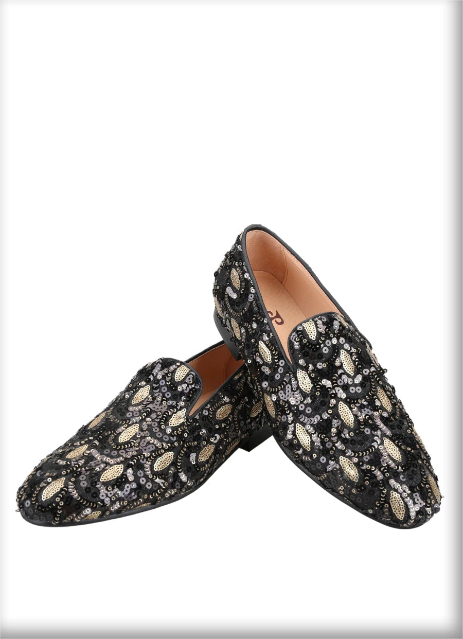 Mens smoking slippers handmade with leather insoles and gold and black glitter beads