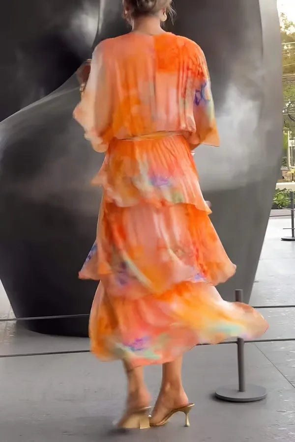 2025 Summer New Elegant Women's Chiffon Dress Fashionable Printed V-neck Short-sleeved Layered Ruffle Loose Lace-up Long Skirt