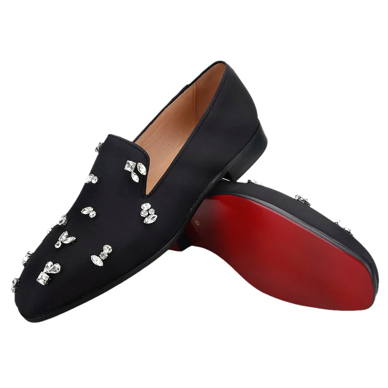 The same design red outsole moccasins with a smooth black crepe satin men's loafer.