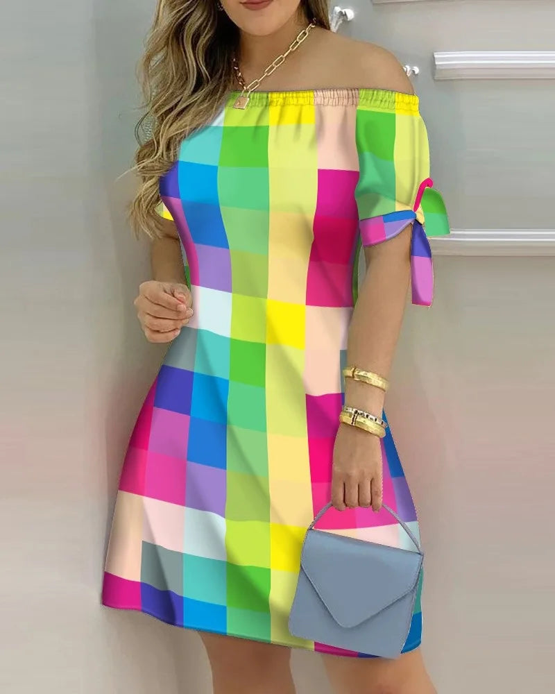 3XL Women's Casual Gradient Off Shoulder Short Sleeve Dress Bow Print Mini Dress
