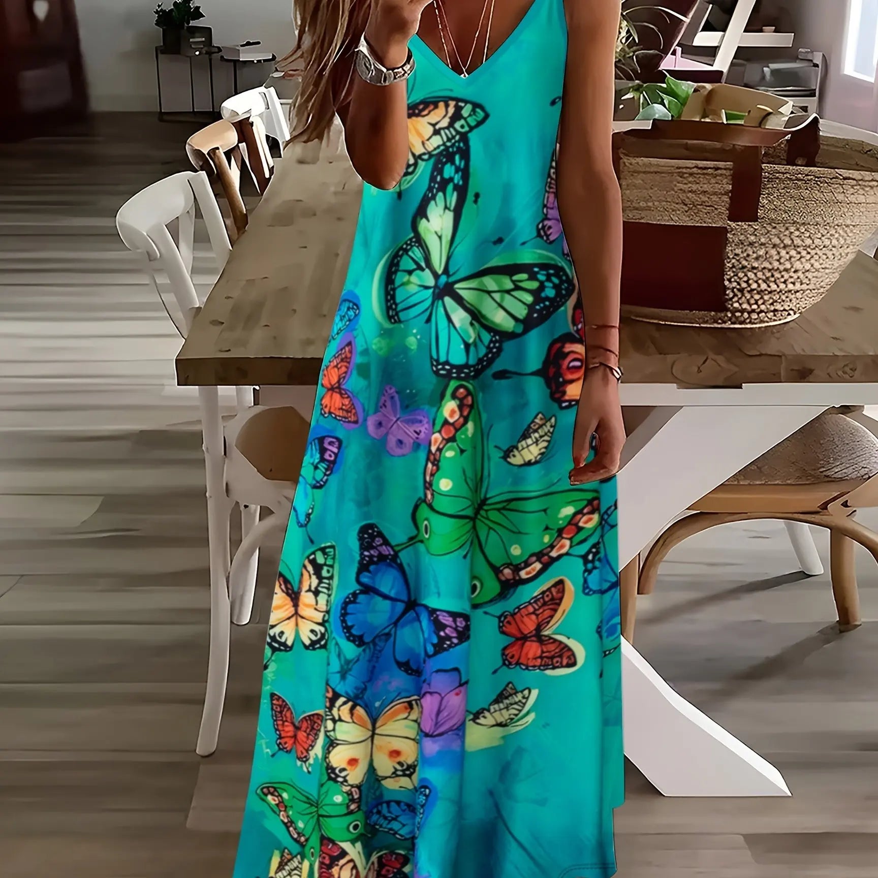 Blue Tribal Pattern Print Beach Vacation Casual Suspender Dress Fashionable Casual Sleeveless Loose Suspender Ankle Length Dress