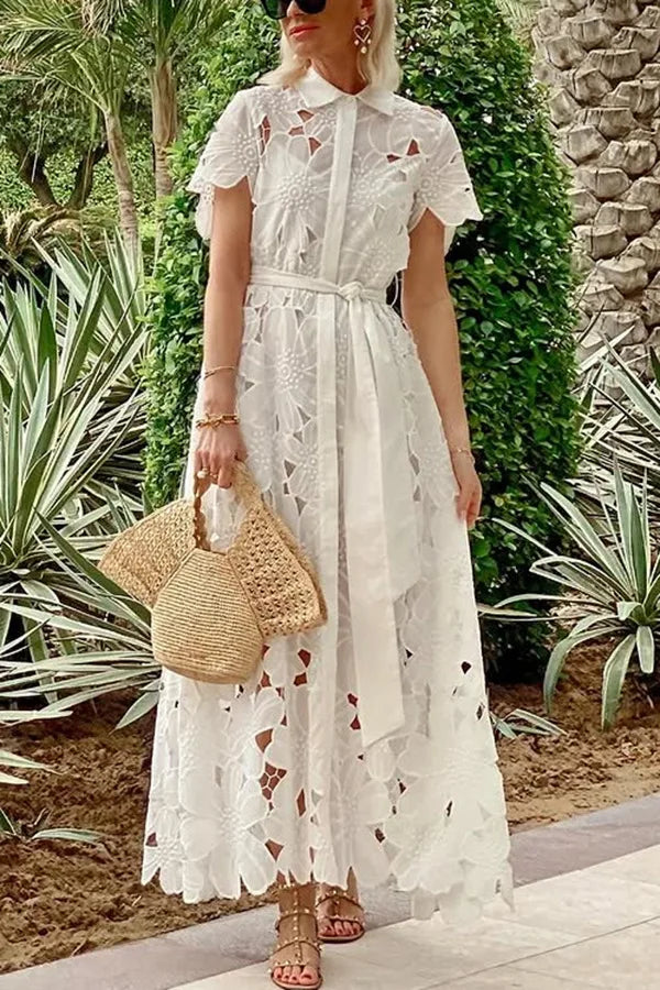 Women's Hollow Lapel Tie Up Lace Dress