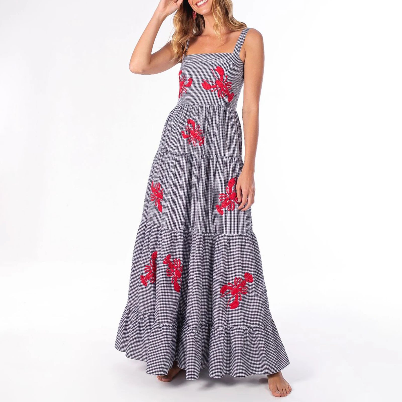 Imcute Women Cute Embroidered Maxi Dress Beach Dress Summer Boho Ruffle Long Dress Spaghetti Strap Flowy Maxi Dress