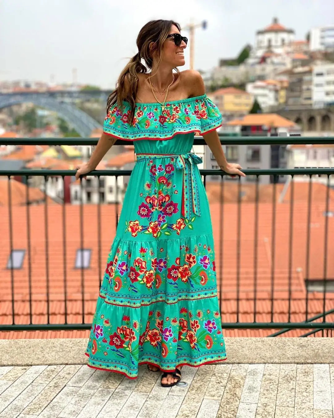 2024 Spring/Summer New Women Retro Fashion One Shoulder Red Flower Printed Waist Collection Long Style Large Swing Casual Dress