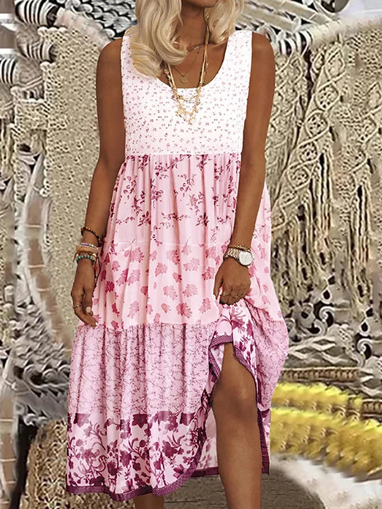 Plus Size Floral Printed Sleeveless Midi Dress