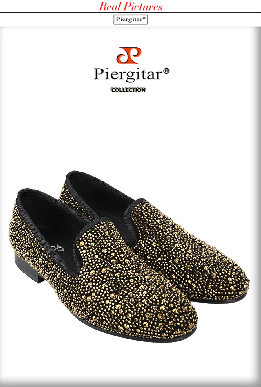 Piergitar 2024 Gold Crystals On Black Suede Slip-on Smoking Slippers Handmade Men's Loafers For Luxury Evening Party And Prom