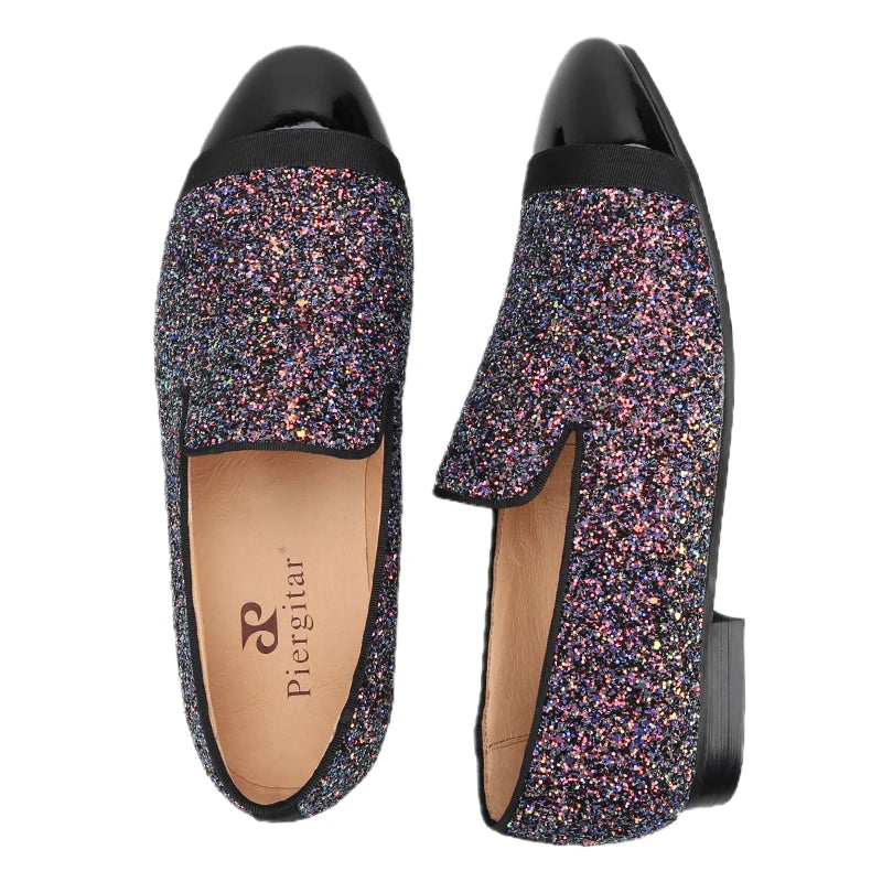 Piergitar Flash Purple Sequined Canvas Slippers With Patent Leather Toes Handmade Men Moccasins For Party And Wedding Plus Size