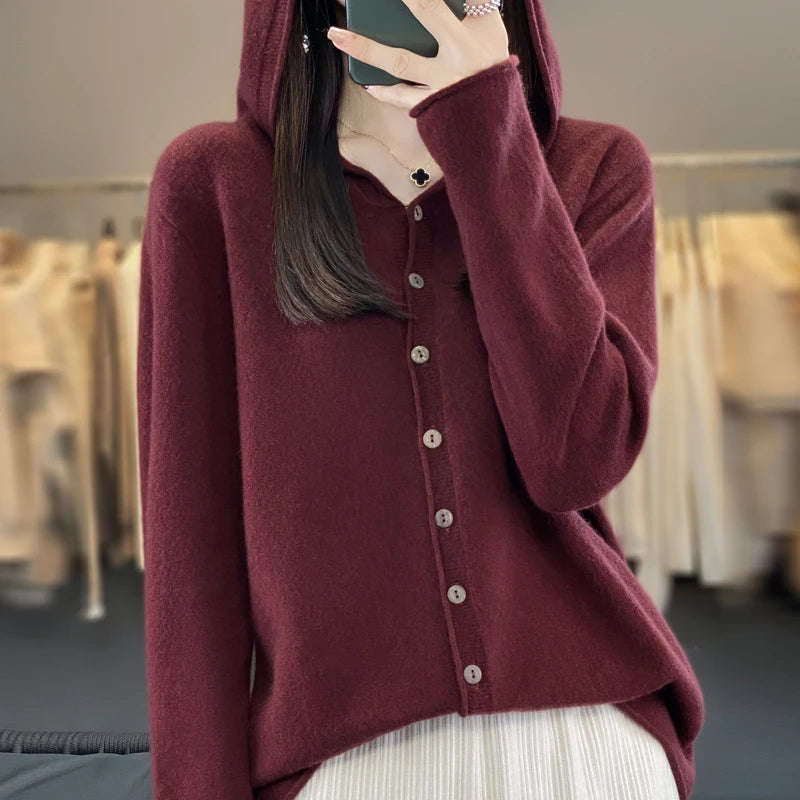 First Line 100% Merino Wool Knitted Cardigan Women's Autumn And Winter Hoodie Loose Sweater Fashionable Versatile Coat Top YC014