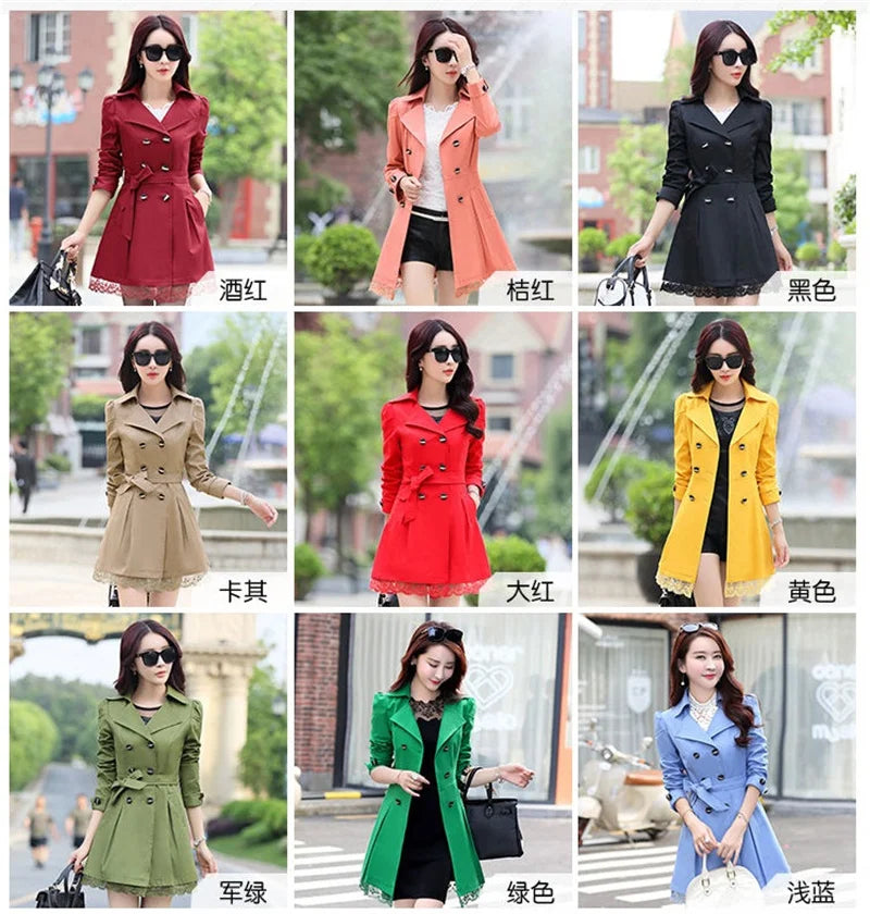 2025Spring Autumn New Windbreaker Coat Women Fashion Slim Mid Long Lace Trench Coat Female Casual Double-breasted Outerwear Tops
