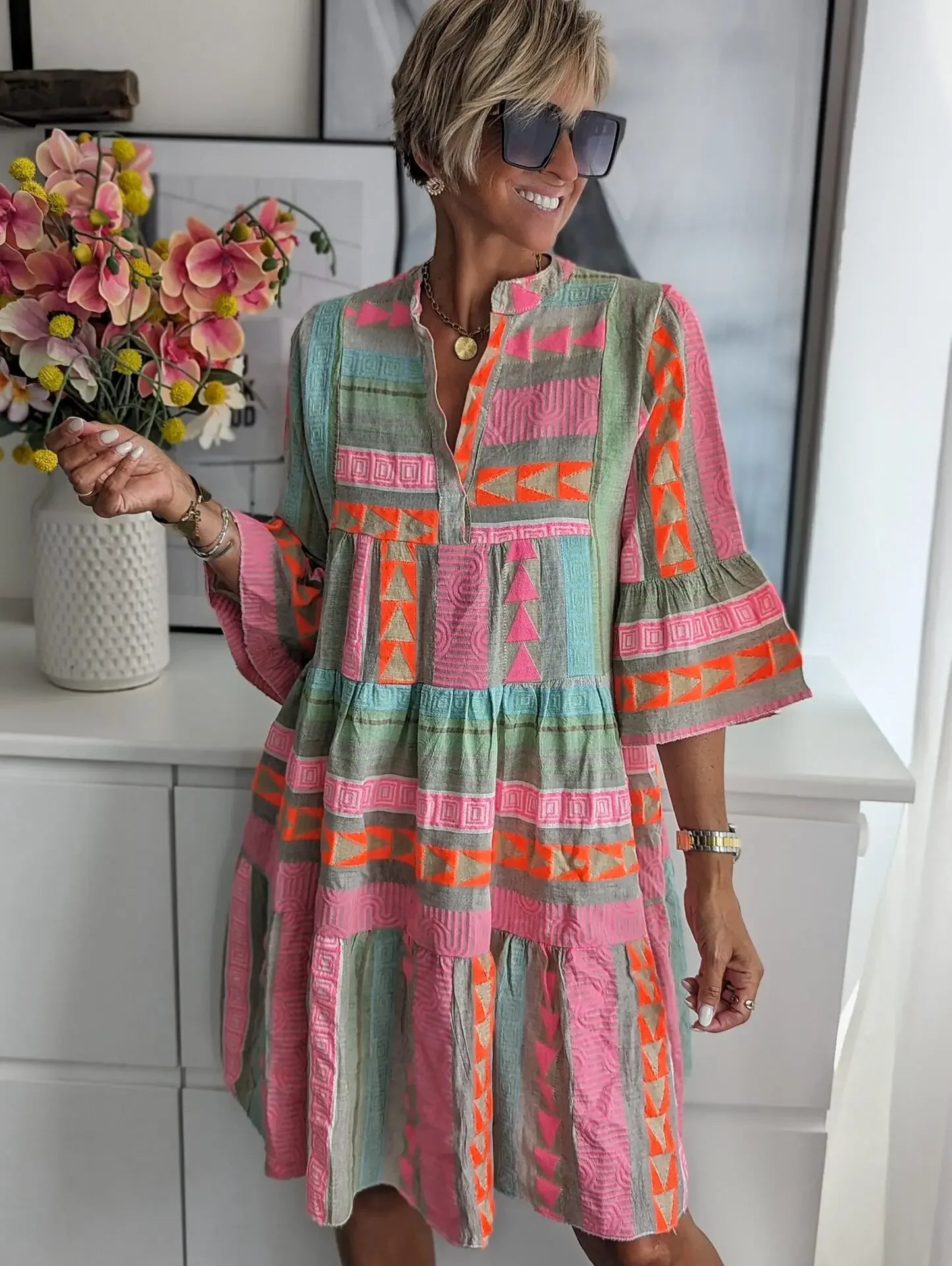 Women V Neck Three Quarter Sleeve Pullover Dress
