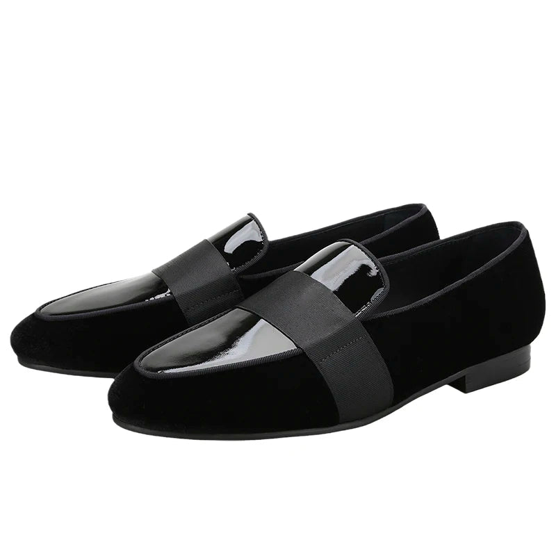 Black Velvet Patent Leather Loafers with Horizontal Band Handmade Flats for Party Formal Suits