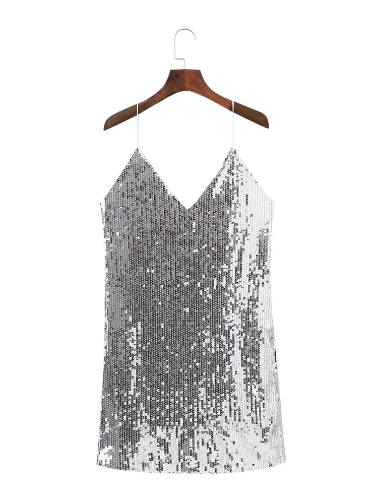 Deep V Neck Silver Mini Dress