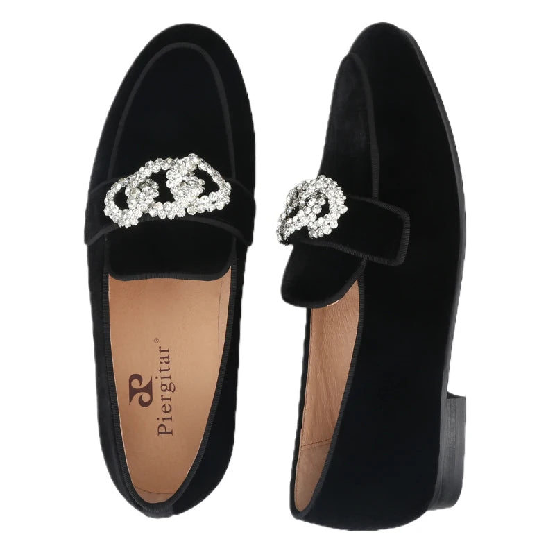 Piergitar Black Velvet Slippers With Matching Gros-grin Piping And Chain-Shaped Allover Crystals Handmade Slip-On Men's Loafers