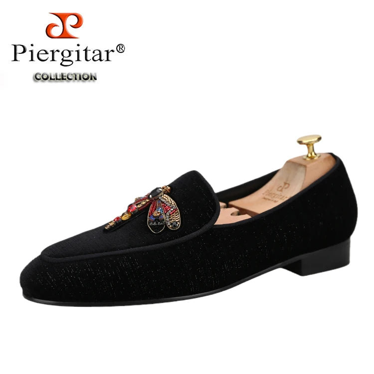 Piergitar 2022 Handmade Rhinestone Sequin Dragonfly Embroidered Patch Men's Loafers British Style Retro Moccasins Slip-On Shoes